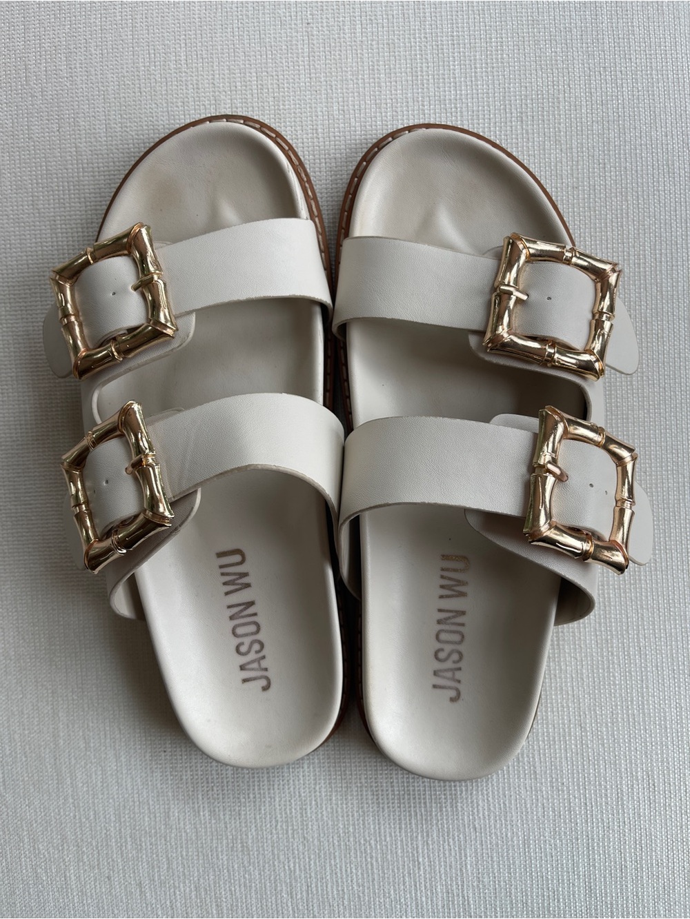 Jason Wu White Marzan Sandals Gold Bamboo Buckle Slides Size 7.5